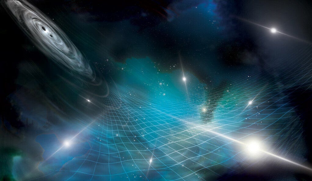 Artist’s interpretation of pulsars being affected by gravitational ripples caused by a supermassive black hole binary. Artist’s interpretation of pulsars being affected by gravitational ripples caused by a supermassive black hole binary.