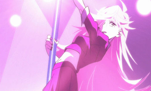 a girl with long pink hair is holding a pole in her hand a girl with long pink hair is holding a pole in her hand