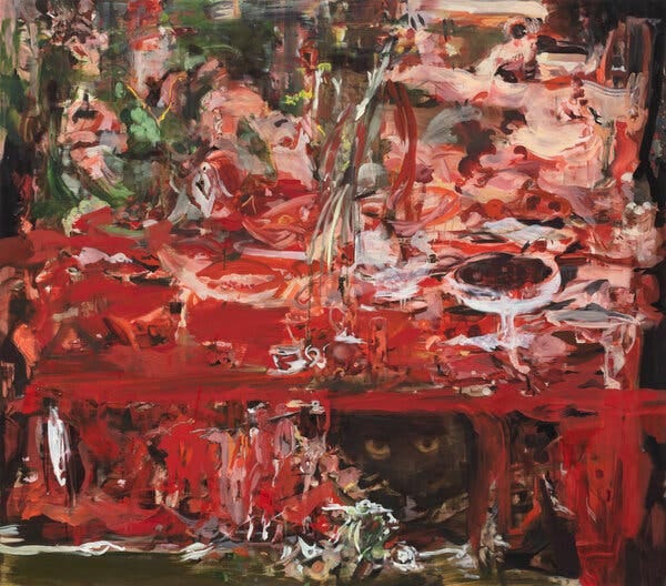 A painting depicts a mountainous groaning board of earthly delights rendered primarily in a bright deep red. An enormous black cat hides beneath the table. Could it be the devil?