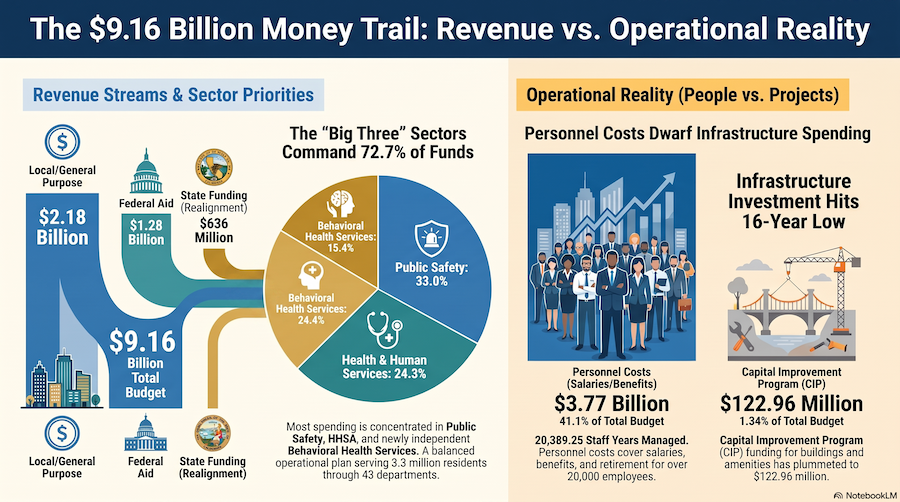 A look at the fiscal year 2026-27 budget for San Diego County. Steve Puterski graphic/AI A look at the fiscal year 2026-27 budget for San Diego County. Steve Puterski graphic/AI
