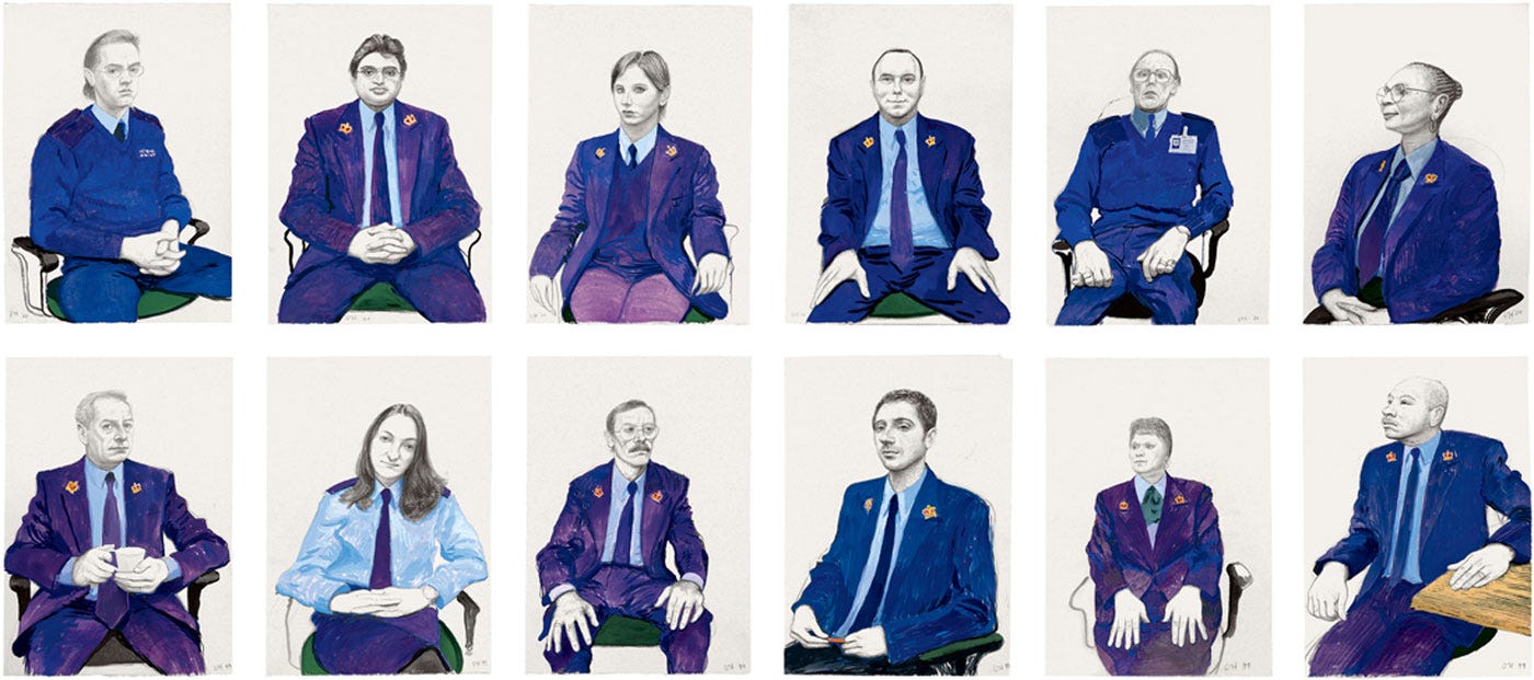 David Hockney’s “Twelve Portraits from Ingres in a Uniform Style”, 1999-2000, image courtesy of the David Hockney Foundation.