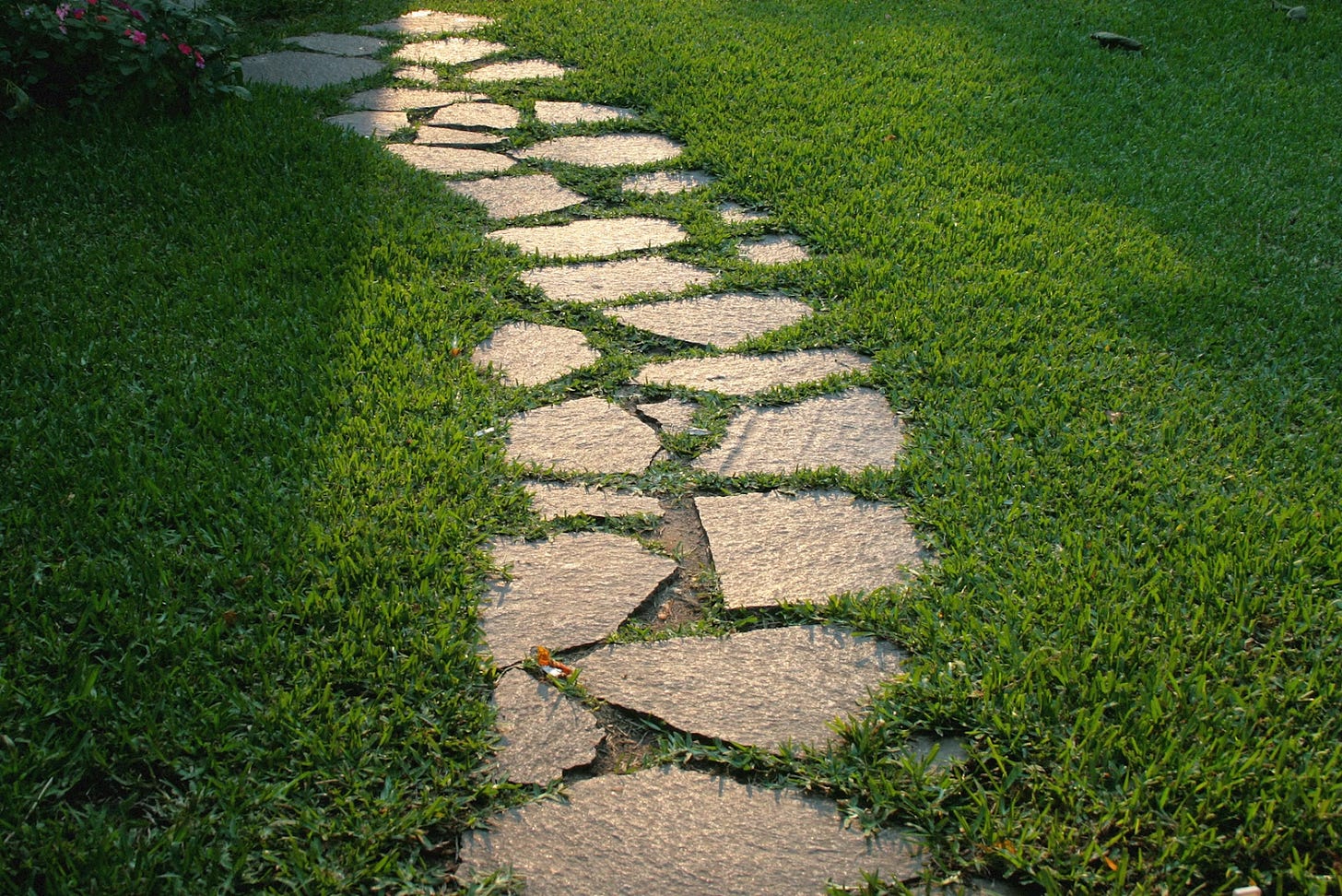a stone pathway through grass