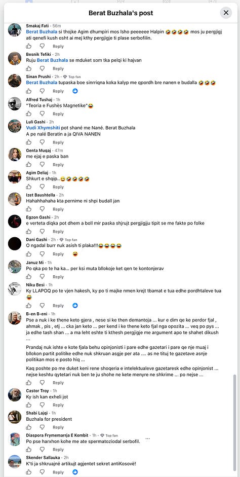Berat Buzhala dhe komentuesit në postimin e tij në Facebook.