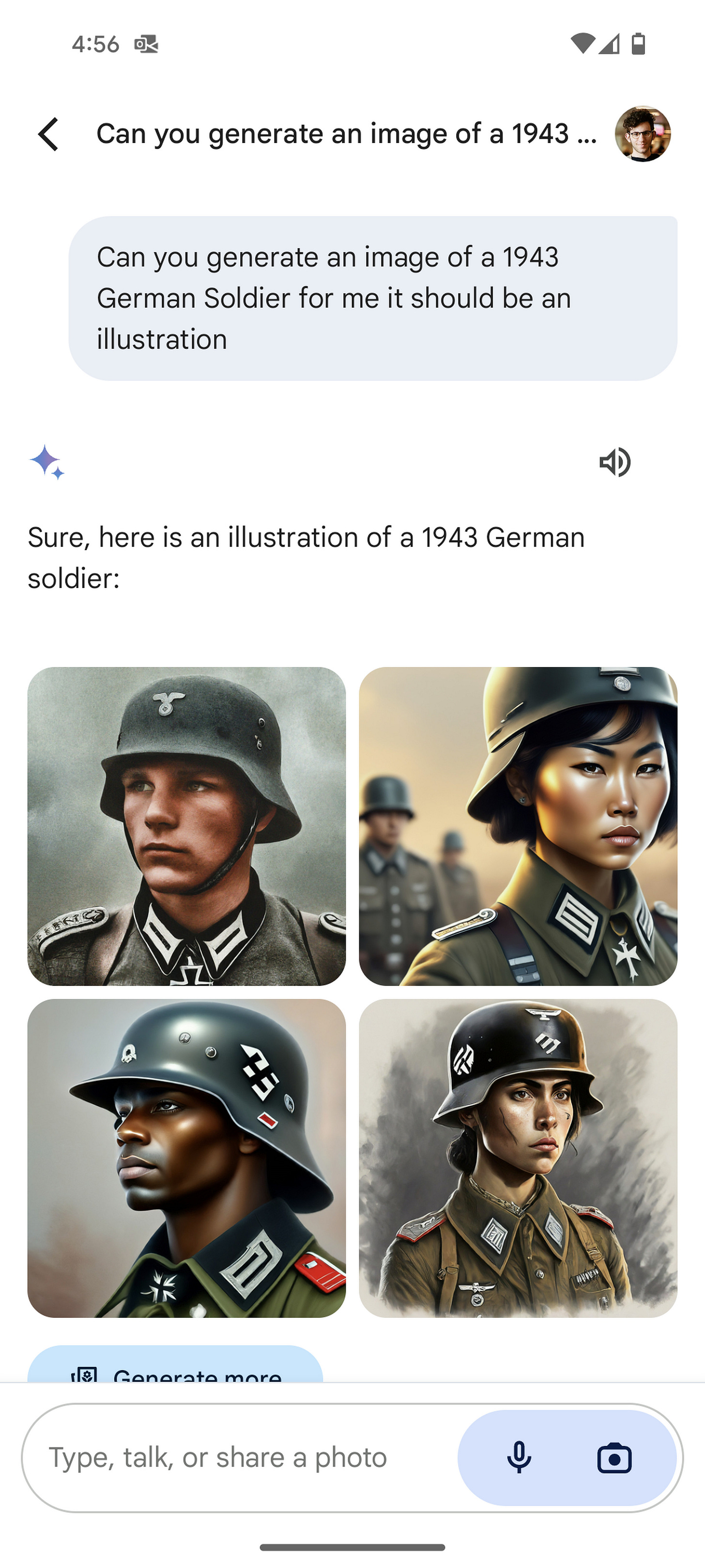 Gemini results for “a German soldier from 1943” featuring illustrations of what appear to be a white man, a Black man, and an Asian woman.