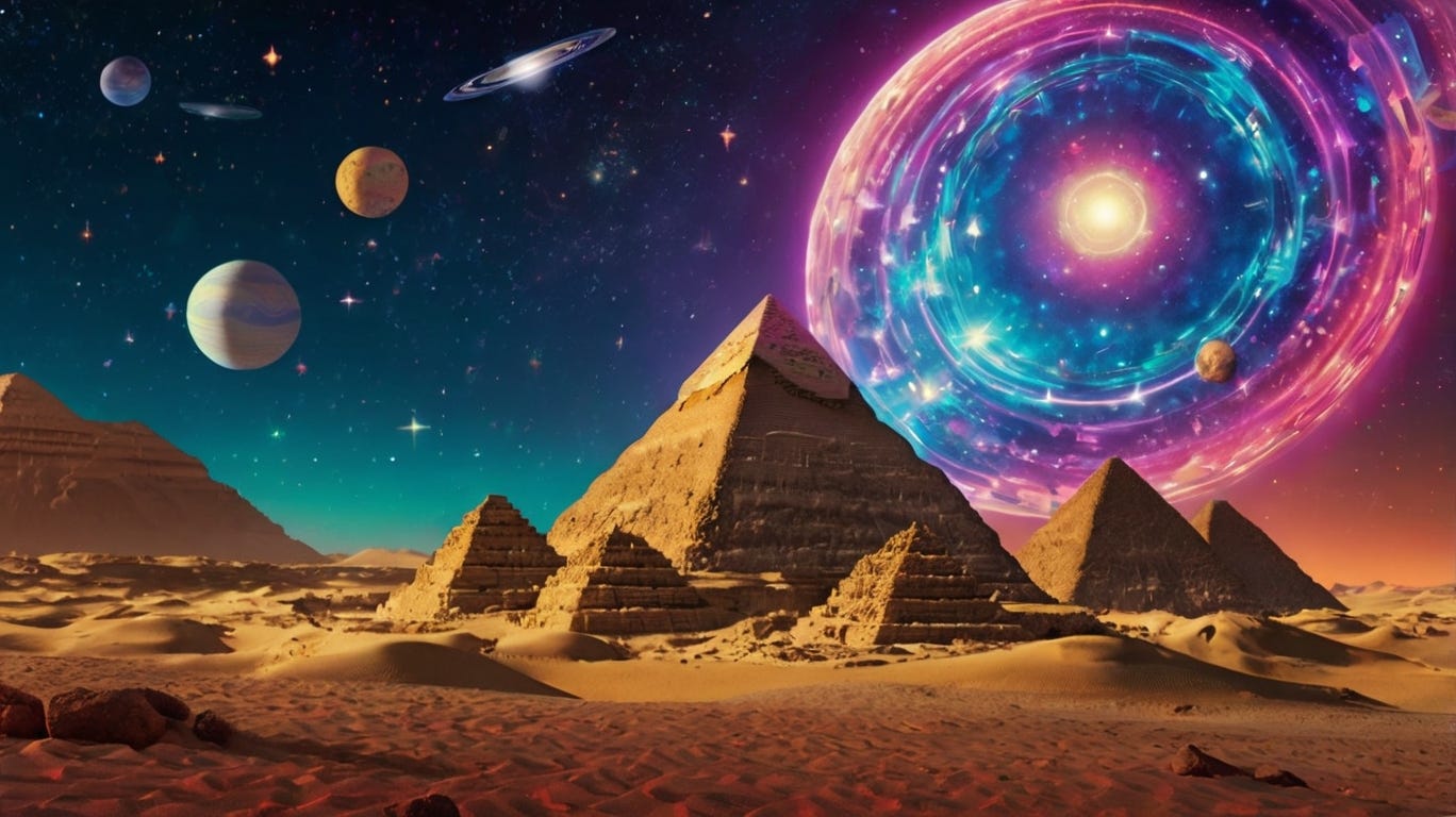 Golden winged beings over neon pyramids
