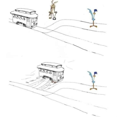 A depiction of the trolley problem featuring Wile E. Coyote and The Roadrunner. After pulling the lever, the trolley slams immediately off to the side off the rails completely and runs over Wile E. A depiction of the trolley problem featuring Wile E. Coyote and The Roadrunner. After pulling the lever, the trolley slams immediately off to the side off the rails completely and runs over Wile E.