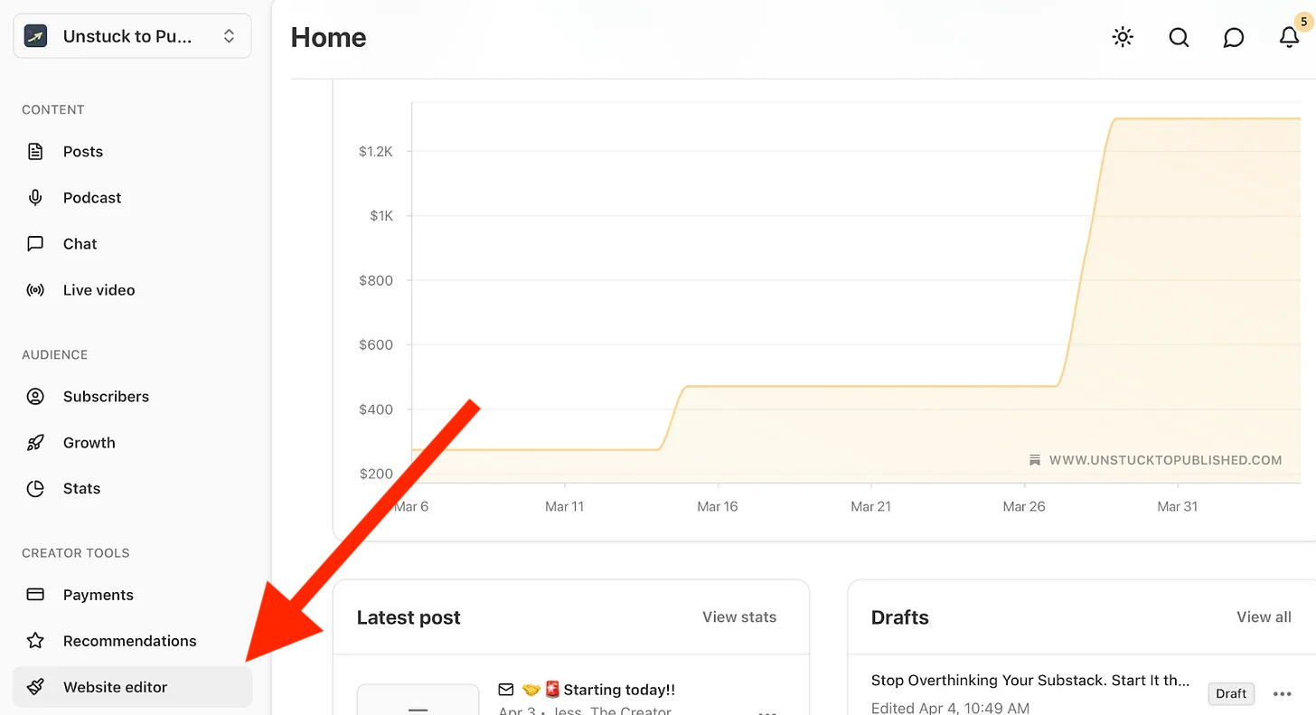 website editor option inside the publication dashboard