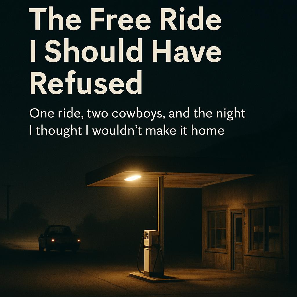 Dimly lit rural gas station at night with a vintage pump under a glowing light. A pickup truck idles in the distance, surrounded by darkness and empty road.