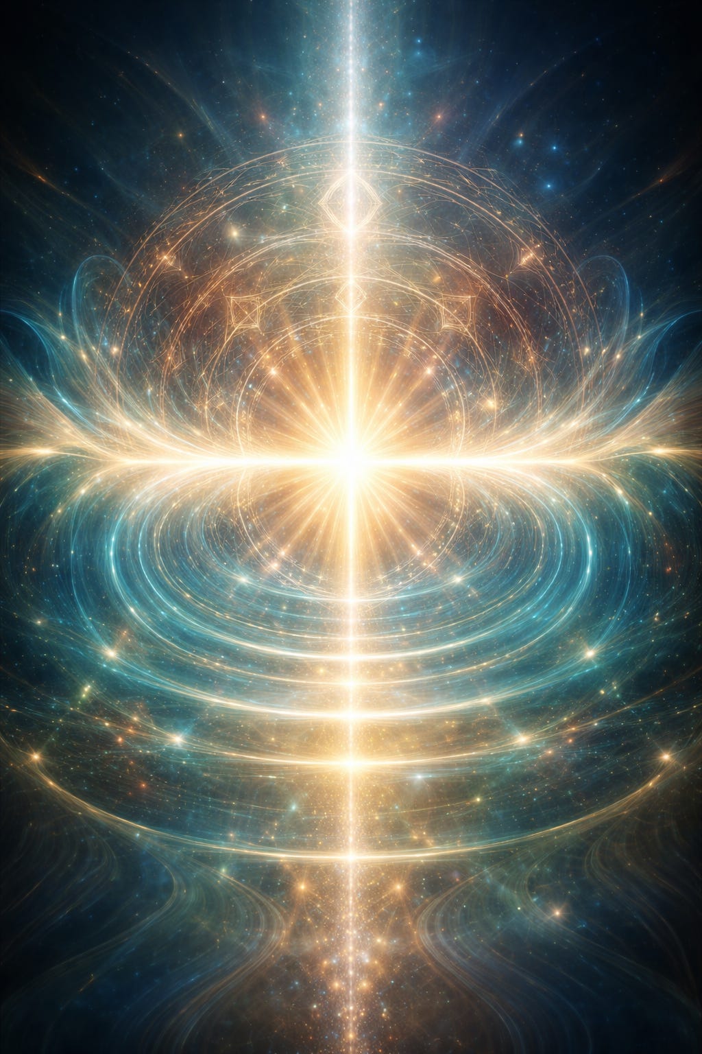 A radiant burst of golden-white light forms a cross at the center of a starry blue space, with concentric wave-like rings and delicate geometric patterns spreading outward like sound waves.