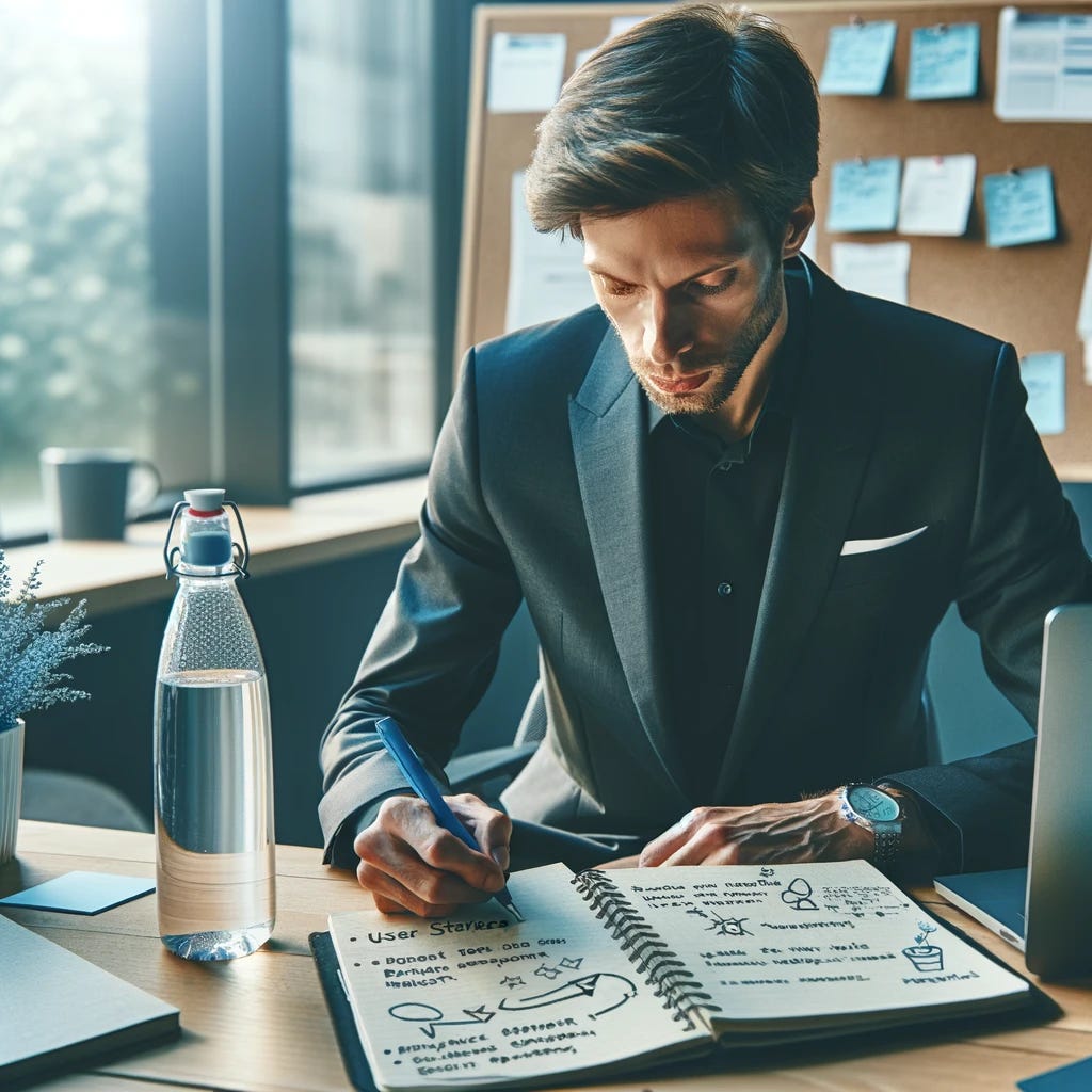 A man sits at his desk, focused on writing user stories for his product backlog. The scene is set in a well-lit, modern office space. He has a notebook open in front of him, filled with notes and diagrams that represent different aspects of the product he's working on. Beside him, there's a clear, reusable water bottle, emphasizing his preparedness and dedication to staying hydrated while working. The man is dressed in casual business attire, symbolizing a professional yet relaxed work environment. Around him, there's a hint of technology, such as a laptop or a digital tablet, further illustrating the modern and digital nature of his work.