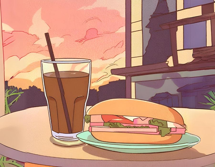 An anime AI illustrated sandwich with ham, turkey, lettuce, tomato, and cheese, on a blue plate and a glass of cola outside on a round table with a peach and pink setting sky and clouds