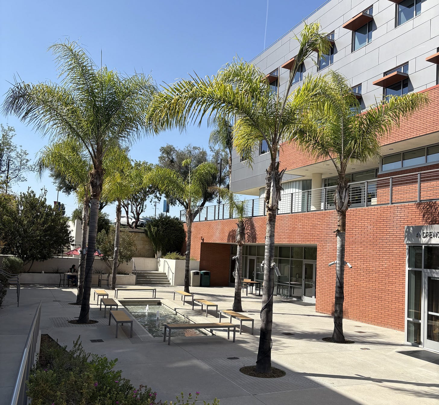 palm trees and fountain in a courtyard at biola university