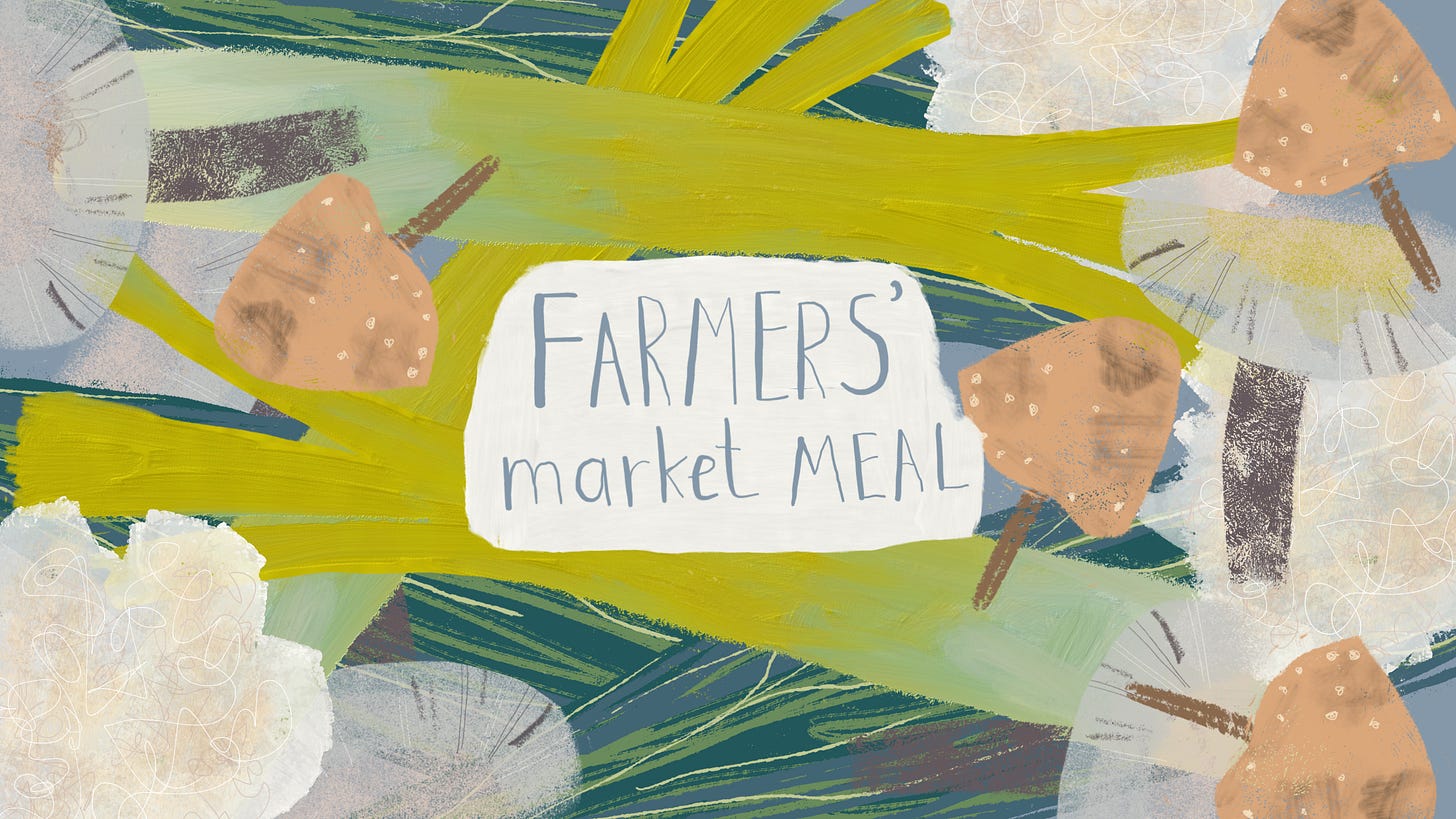 Header image: Collage of leeks, cavolo nero and mushrooms, overlaid with hand-lettered text 'Farmers' market meal'. Illustrated and hand-lettered by Tasha Goddard.