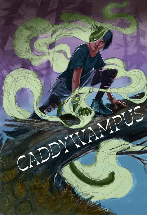 a series of color combinations for a girl standing on a log with parts of her face and hand turning into a cougar with mist surrounding her.