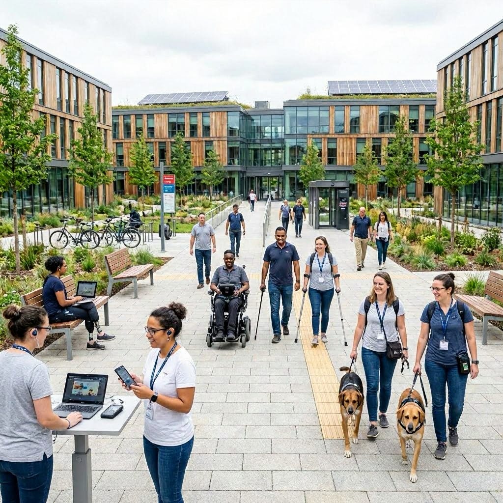 A diverse group of Microsoft employees with various disabilities — including prosthetic limb, power wheelchair, crutches, and guide dogs — moving through a modern, accessible corporate campus courtyard. A diverse group of Microsoft employees with various disabilities — including prosthetic limb, power wheelchair, crutches, and guide dogs — moving through a modern, accessible corporate campus courtyard.