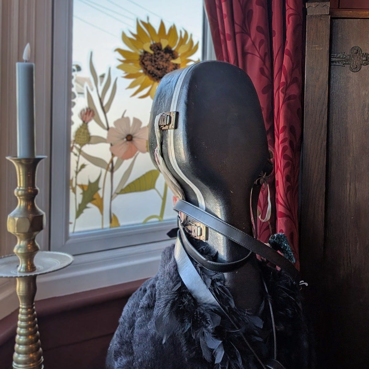 A cello case with straps and feathers beside a candle, red curtain and floral window decoration for the Tarot DMs interview with Elspeth Wilson.
