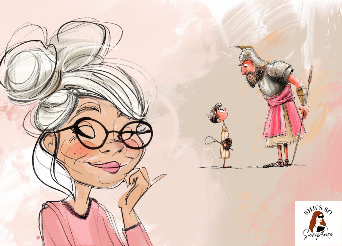 Whimsical fashion illustration of an older woman with big teased hair and reading glasses placing felt figures on a flannel board in a Sunday school classroom against a soft blush pink watercolor background with an image of David and Goliath in the background