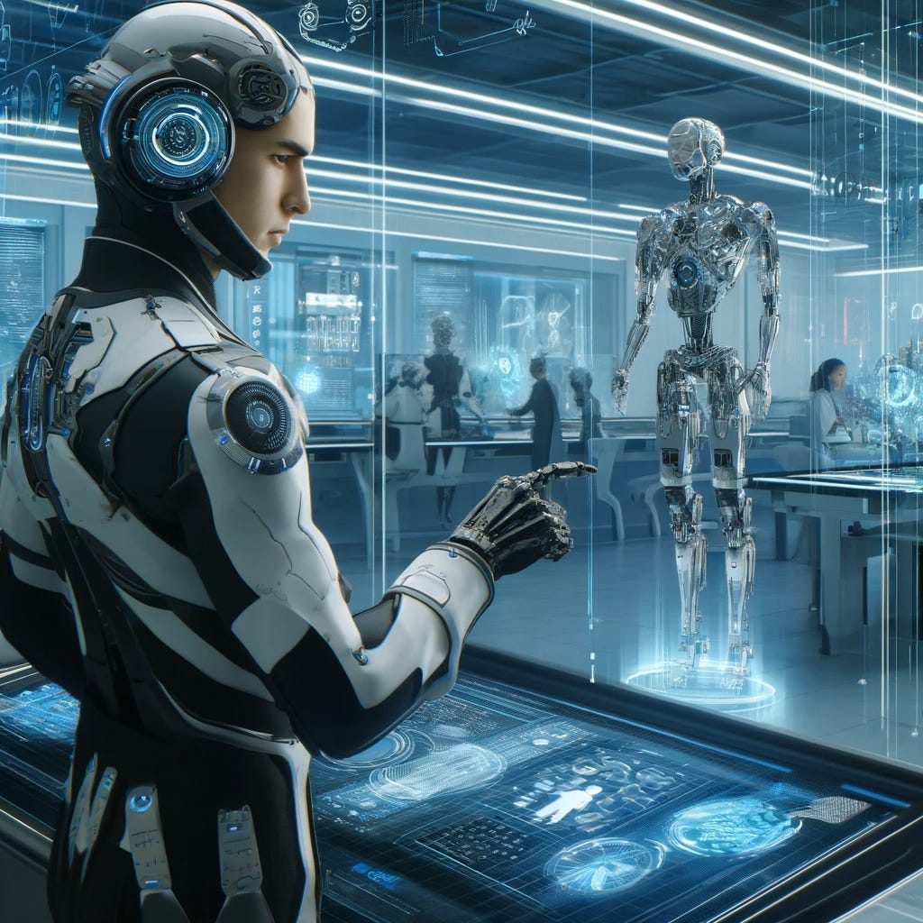 A realistic futuristic laboratory environment with a high-tech setting. A scientist dressed in a white and black suit with technological details and advanced headphones is working alongside humanoid robots. The robots have mechanical arms and sophisticated structures, interacting with screens filled with digital graphics, data, and holographic representations. The laboratory is illuminated with a blue hue, featuring modern and highly technological design, evoking an atmosphere of innovation and development in artificial intelligence or cyber investigation. In the background, other researchers are engaged in similar activities.
