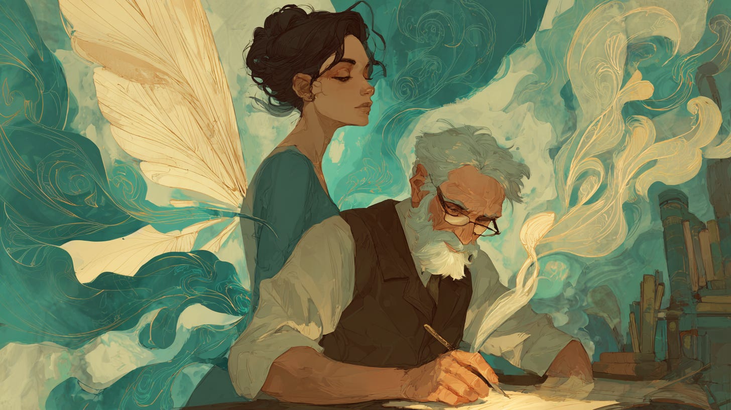 muse looking over a writer's shoulder as he works