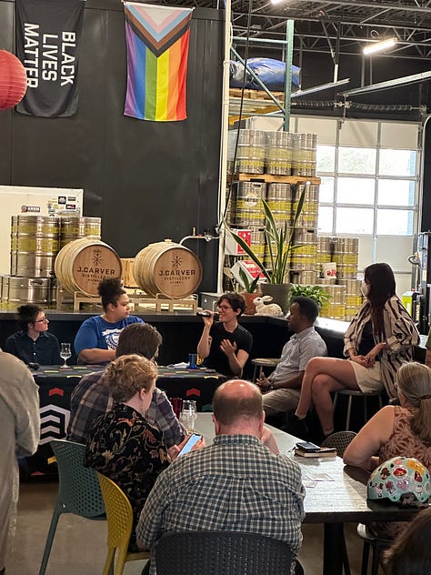 Five photos show various scenes at a party with people wearing flannels and tee shirts sitting down at tables, and people standing up at a microphone, and a panel of people sitting, one person speaking into a microphone. The last photo shows 7 people holding a yellow banner reading in black text: "Labor Education Service"