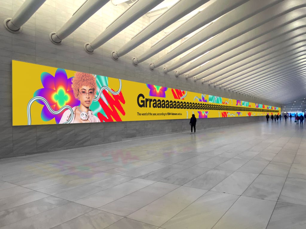 Ice Spice on yellow background alongside text: "Grrraaaaaa - The Word of the Year According to listeners" Ice Spice on yellow background alongside text: "Grrraaaaaa - The Word of the Year According to listeners"