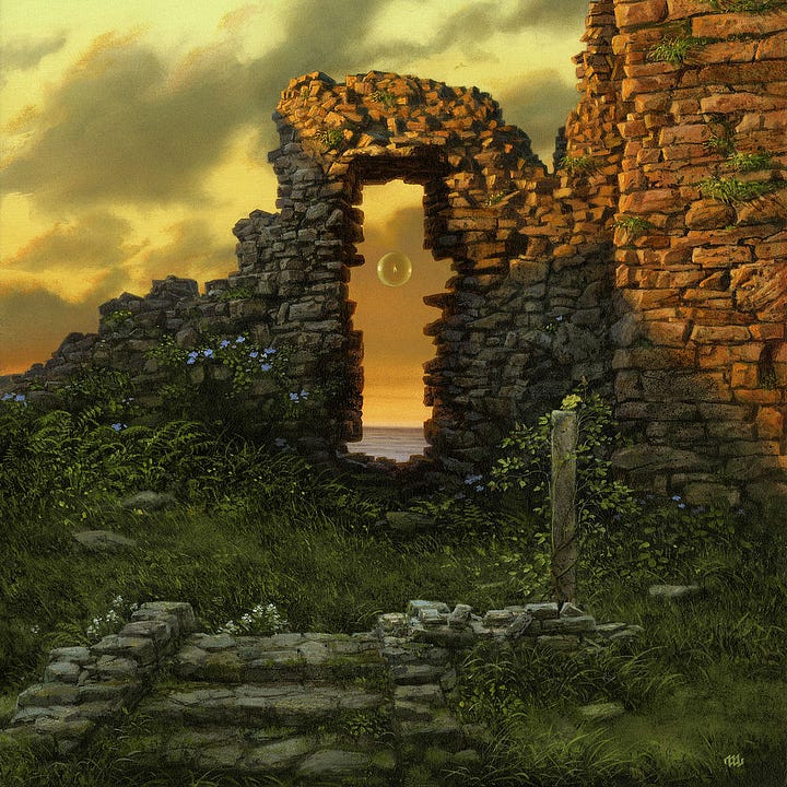 Details from DOORWAY TO THE WEST featuring rough stairs that lead to an uneven stone doorway set in ancient ruins as a solitary flame contained in a transparent sphere floats across the threshold. The left includes the lower foreground while the right focuses on a closer view of the stone doorway.