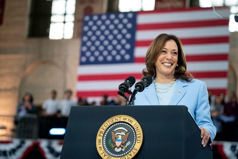Vice President Kamala Harris stands behind a podium with an American flag hanging behind her.