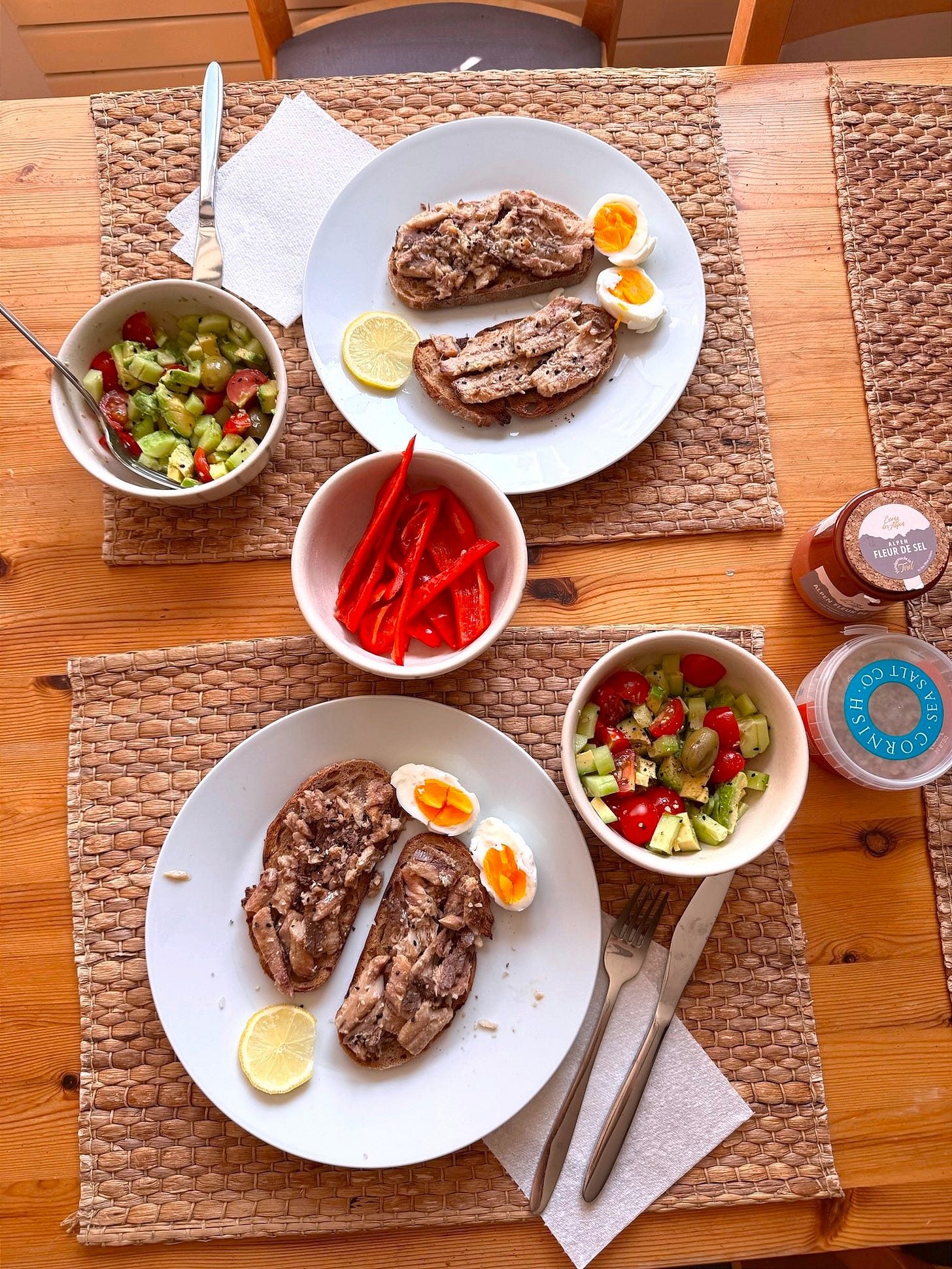 Sardines on sourdough with egg and salad—~30 g protein breakfast.