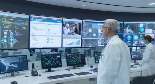 Distinguished senior healthcare executive doctor in professional white coat and business attire, standing in modern hospital command center overlooking AI-powered patient care systems. Multiple large monitors displaying electronic health records, predictive analytics dashboards, patient flow management, and AI-driven medical decision support tools. Modern medical facility with glass-walled offices, advanced medical technology, and clinical staff working at computer workstations. Executive has authoritative, visionary leadership presence, observing digital healthcare transformation. Clean, bright hospital environment with medical white and blue color scheme, reflecting premier healthcare institution branding. Distinguished senior healthcare executive doctor in professional white coat and business attire, standing in modern hospital command center overlooking AI-powered patient care systems. Multiple large monitors displaying electronic health records, predictive analytics dashboards, patient flow management, and AI-driven medical decision support tools. Modern medical facility with glass-walled offices, advanced medical technology, and clinical staff working at computer workstations. Executive has authoritative, visionary leadership presence, observing digital healthcare transformation. Clean, bright hospital environment with medical white and blue color scheme, reflecting premier healthcare institution branding.