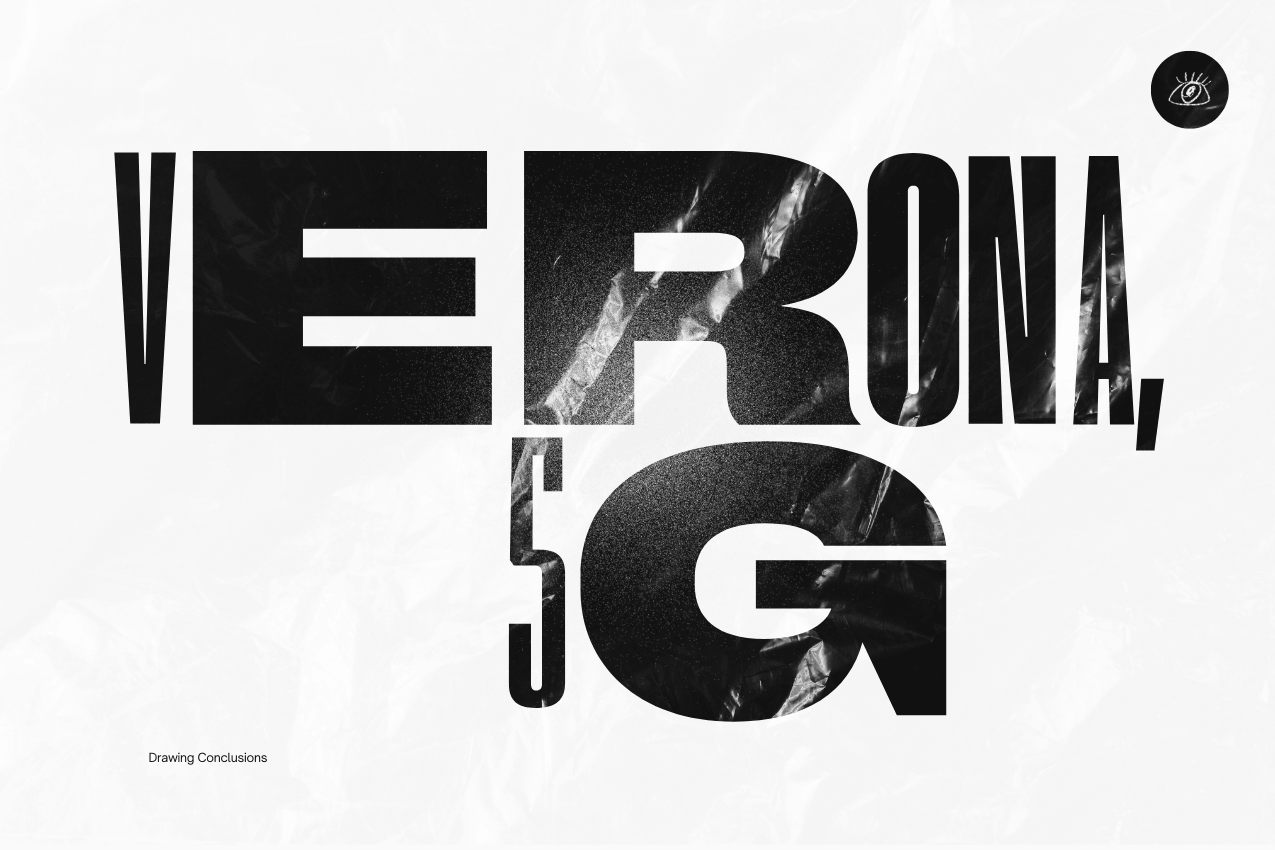 Title card for the literary cartoon "Verona, 5G" over a white background, styled as a shrink-wrapped magazine cover. Heavy, ultra-compressed black typography fills the frame beneath a subtle, glossy plastic sheen with fine surface crinkles. A hand-drawn eye icon anchors the top-right corner. Part of the Drawing Conclusions series at The Subtext Review.
