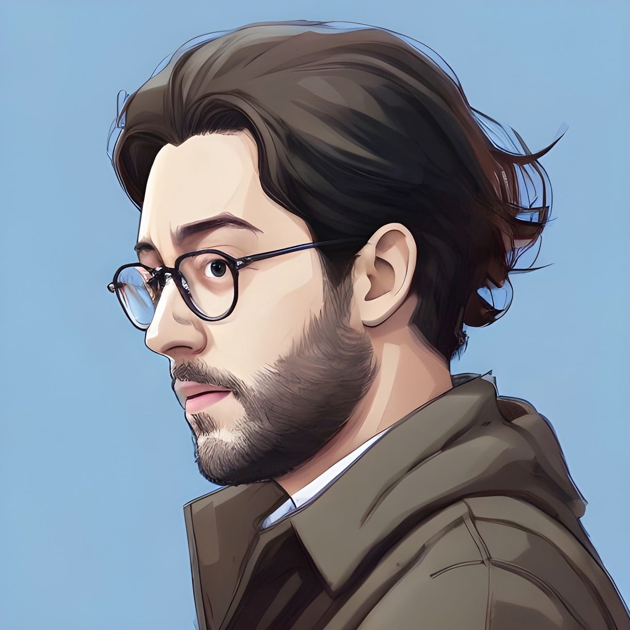 A drawing of Matthew--a white-skinned man with brown hair, mustache and beard, with glassed looking to the left