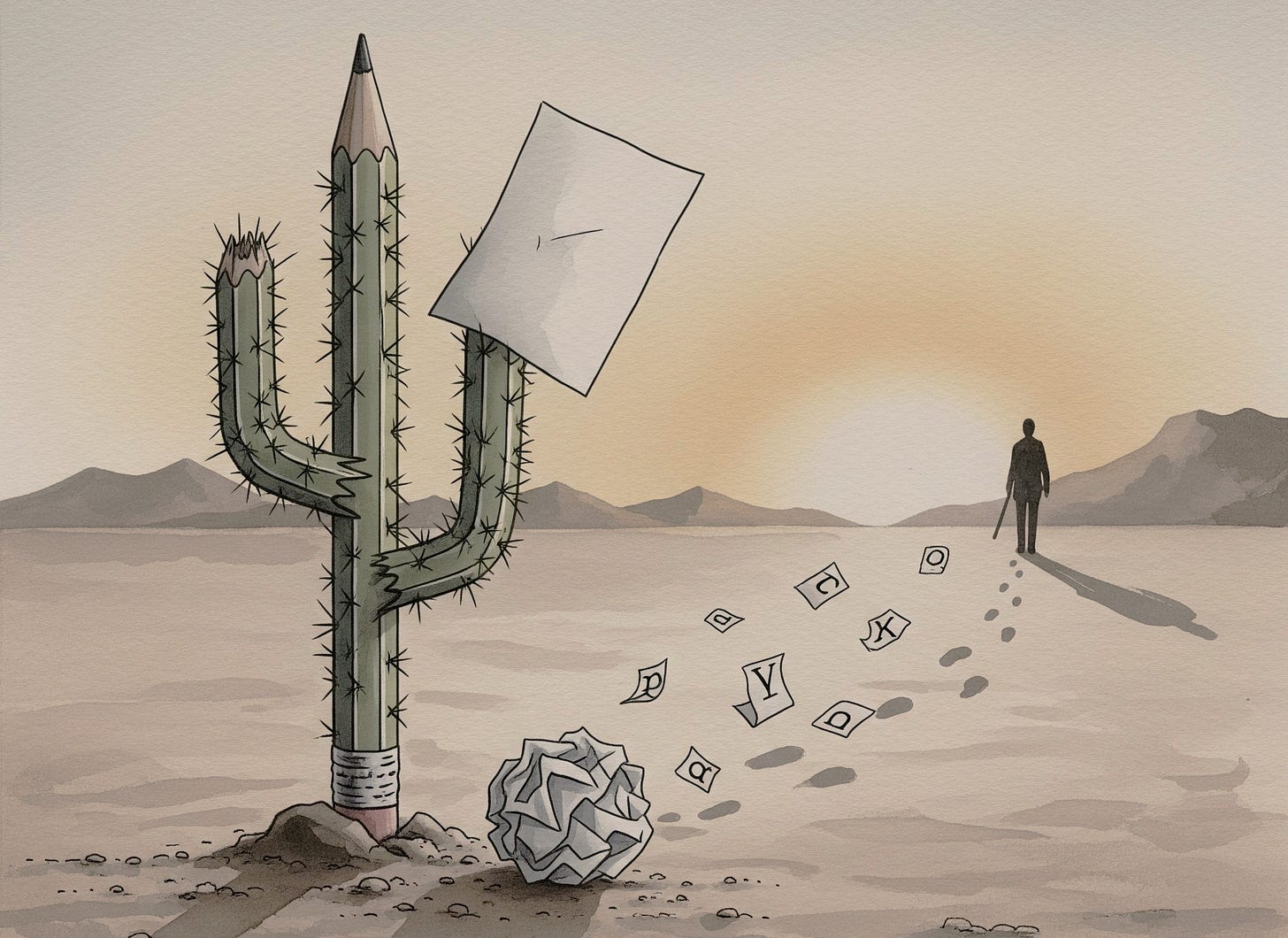 Google Gemini’s interpretation of my inspiration desert. There's a cactus made of a pencil, and a ball of paper with letters blowing from it. A solitary figure is walking across the desert into the distance.