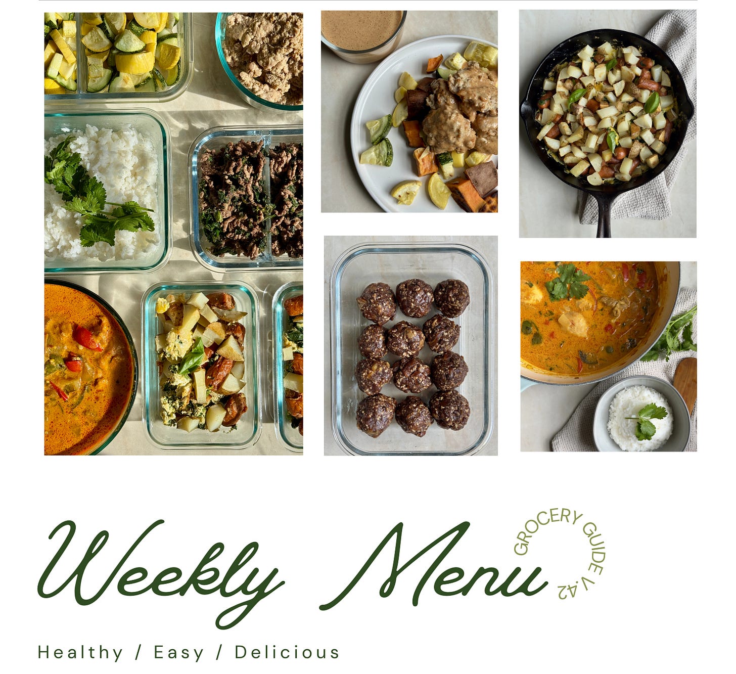 A week of healthy and easy meals in prepared containers with colorful ingredients to make weeknight dinners easy and more enjoyable