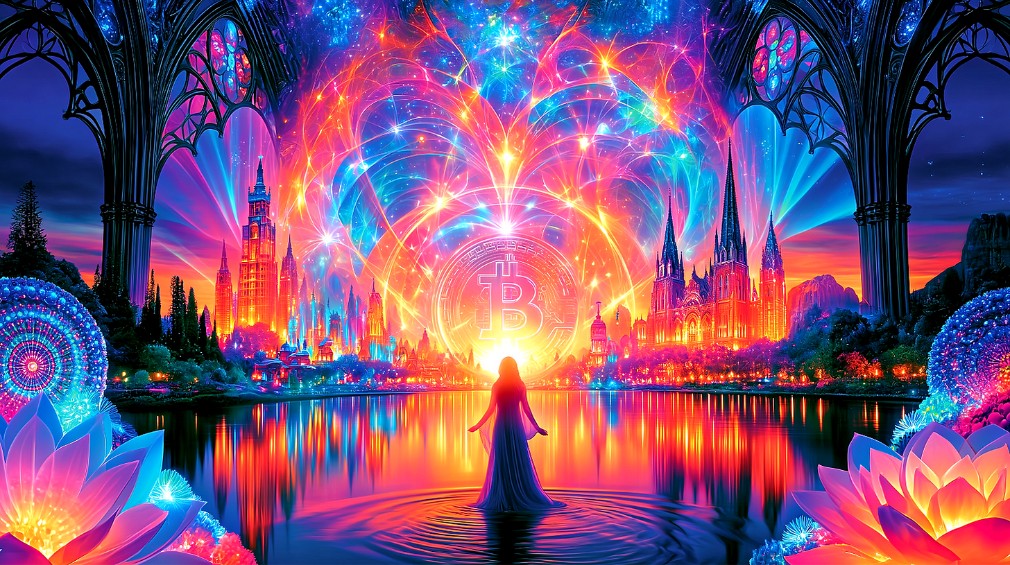 Woman in front of radiant bitcoin scene
Woman in front of radiant bitcoin scene
