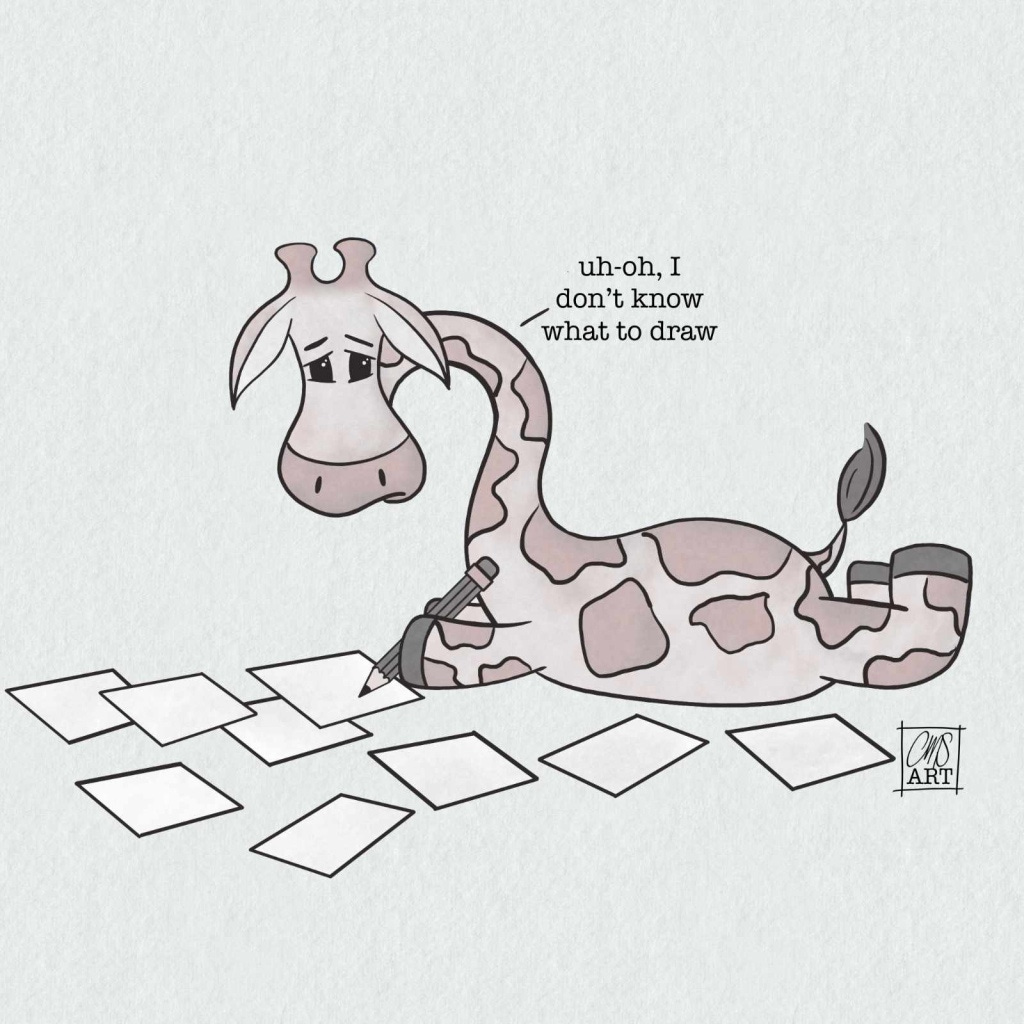 Gigi the giraffe is has paper scattered all around her and is looking nervous or sad. Text: “uh-oh, I don’t know what to draw!”