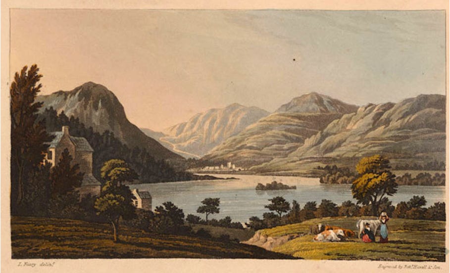 Old print, lake, hills