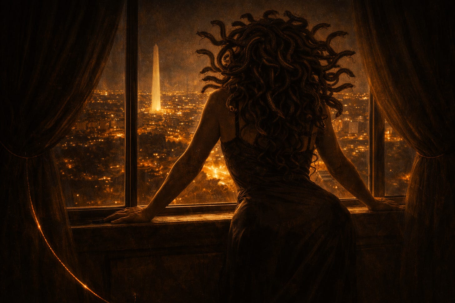 Oil-painted silhouette of Medusa seen from behind, leaning on a penthouse window ledge as her snake hair coils in shadow, the Washington Monument glowing in the distance and a thin gold thread tracing the curtain in warm, dramatic light.