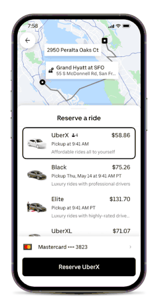 Smartphone screen displaying a ride-hailing app with route from 2950 Peralta Oaks Ct to Grand Hyatt at SFO. Ride options listed include UberX, Black, Elite, and UberXL with prices and pickup times. UberX is selected at $58.86. Payment method shown as Mastercard ending in 3823. 'Reserve UberX' button at the bottom.