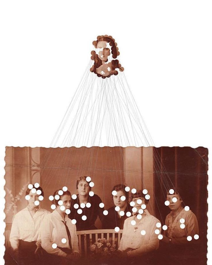 A mixed-media artwork featuring a vintage sepia-toned photograph of a group of people with their faces obscured by white dots. Above the photo, a fragmented portrait of a single person is connected to the group by thin threads, creating a visual link between them. The composition suggests themes of memory, ancestry, or identity.