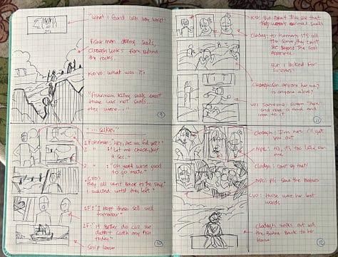 Hooligans season 2 storyboard and notes done with pen and paper