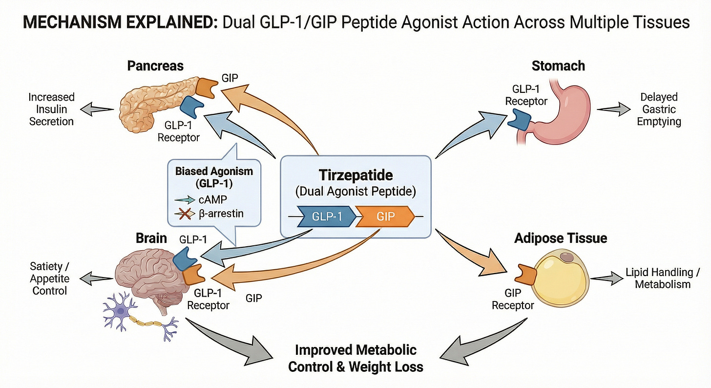 Scientific diagram illustrating the mechanism of action for Tirzepatide, a dual GLP-1 and GIP receptor agonist. The image shows the drug acting on four tissues: the pancreas (activating GLP-1 & GIP receptors to increase insulin secretion), the brain (activating GLP-1 & GIP receptors to control appetite), the stomach (activating GLP-1 receptors to delay emptying), and adipose tissue (activating GIP receptors to regulate lipid metabolism). A callout box highlights biased agonism at the GLP-1 receptor. These cumulative effects lead to improved metabolic control and weight loss.