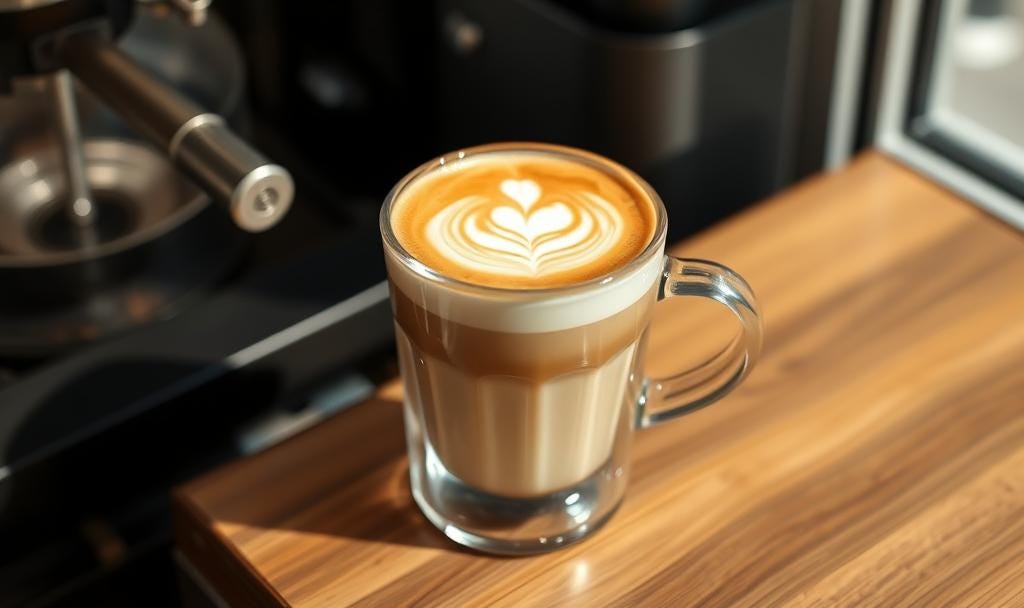 A perfectly layered latte with heart-shaped foam art in a clear glass mug, sitting on a wooden counter beside an espresso machine, bathed in warm morning light. A perfectly layered latte with heart-shaped foam art in a clear glass mug, sitting on a wooden counter beside an espresso machine, bathed in warm morning light.
