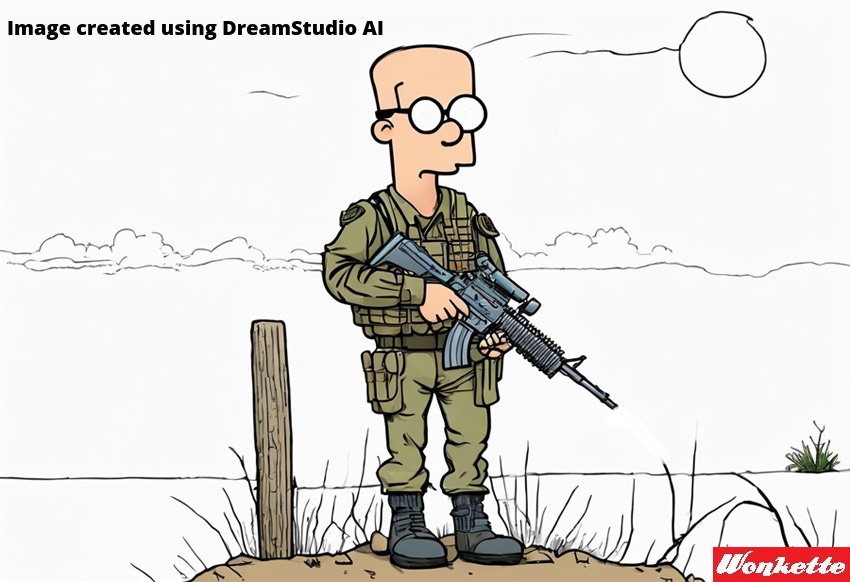 An AI-generated image of Dilbert, looking like a Simpsons character, in full militia outfit with AR-15 An AI-generated image of Dilbert, looking like a Simpsons character, in full militia outfit with AR-15