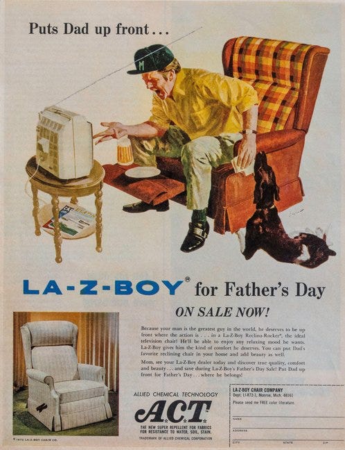 advertisement for la-z-boy recliners featuring a dad sitting in a la-z-boy and excitedly watching tv advertisement for la-z-boy recliners featuring a dad sitting in a la-z-boy and excitedly watching tv