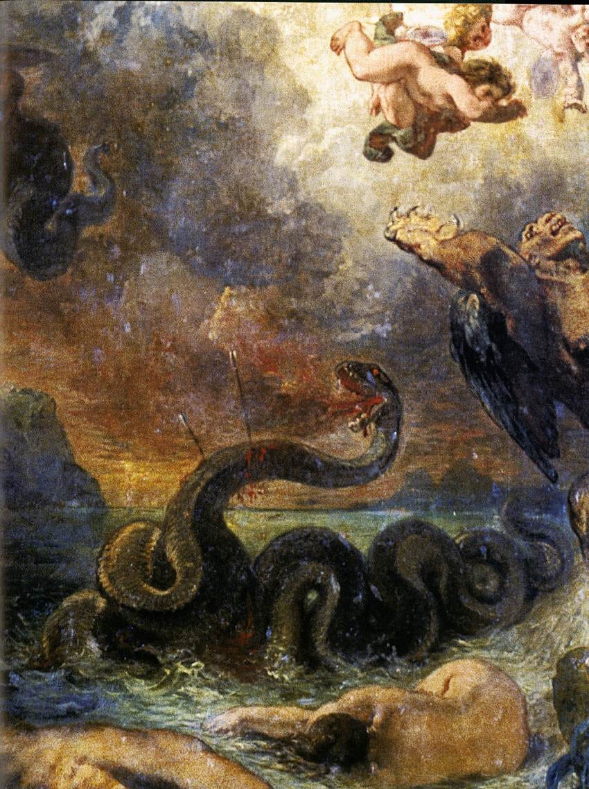 Apollo on a chariot above a dying serpent Apollo on a chariot above a dying serpent