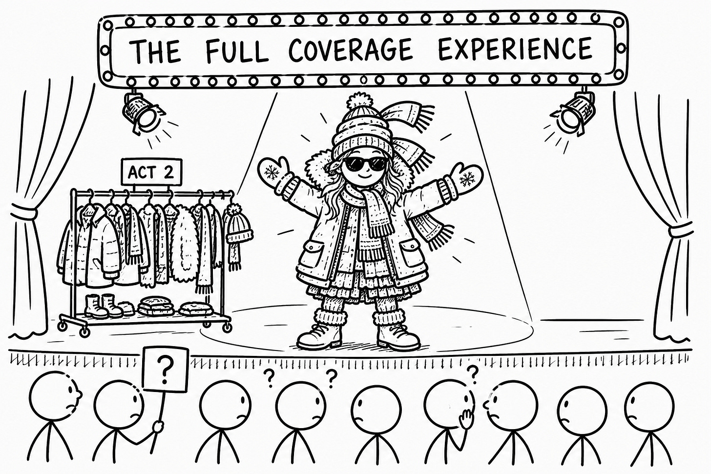 Hand-drawn sketch of a stage show called The Full Coverage Experience, featuring a performer in a spotlight wearing a parka, hat, scarf, sunglasses, and mittens in a ta-da pose, with a clothing rack labeled Act 2 waiting in the wings. A confused audience watches with question marks above their heads. Illustrates how only publishing polished content is a performance designed to hide the interesting parts of the creative process from your audience.