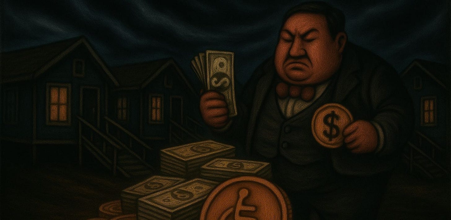 Stylized illustration of a stern, heavyset man in a suit holding a stack of money and a large coin with a dollar sign, standing in front of modest, dark houses under a gloomy night sky. Piles of money lie at his feet, symbolizing greed and wealth disparity.