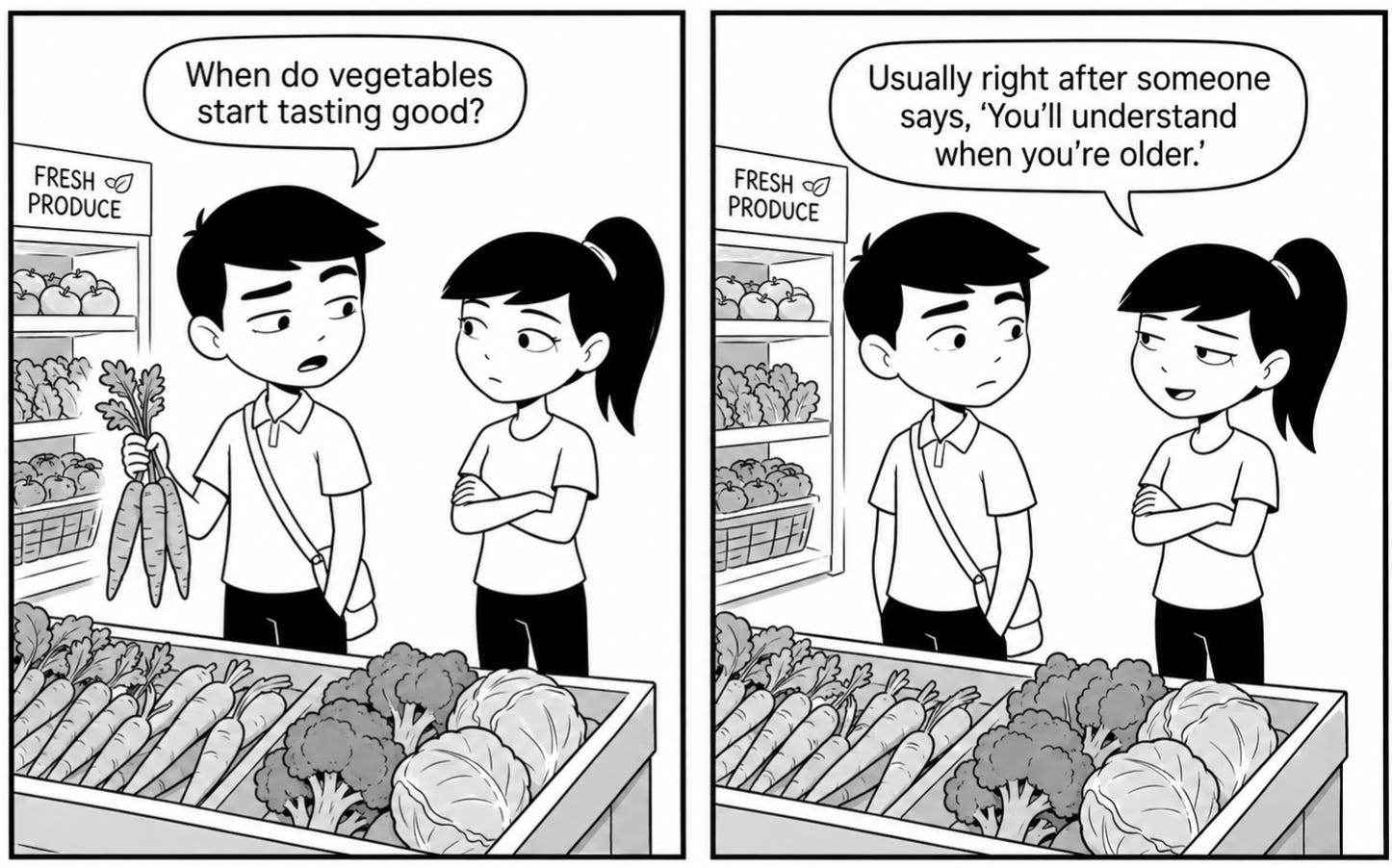 Jay wonders when vegetables start tasting good. Jay wonders when vegetables start tasting good.