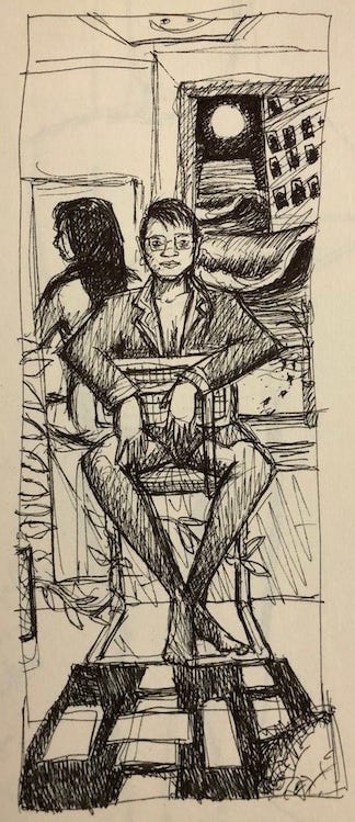 Preliminary self portrait sketch of Angeline. She is sitting down on a chair with tarot cards on the floor and a city scene in the background.