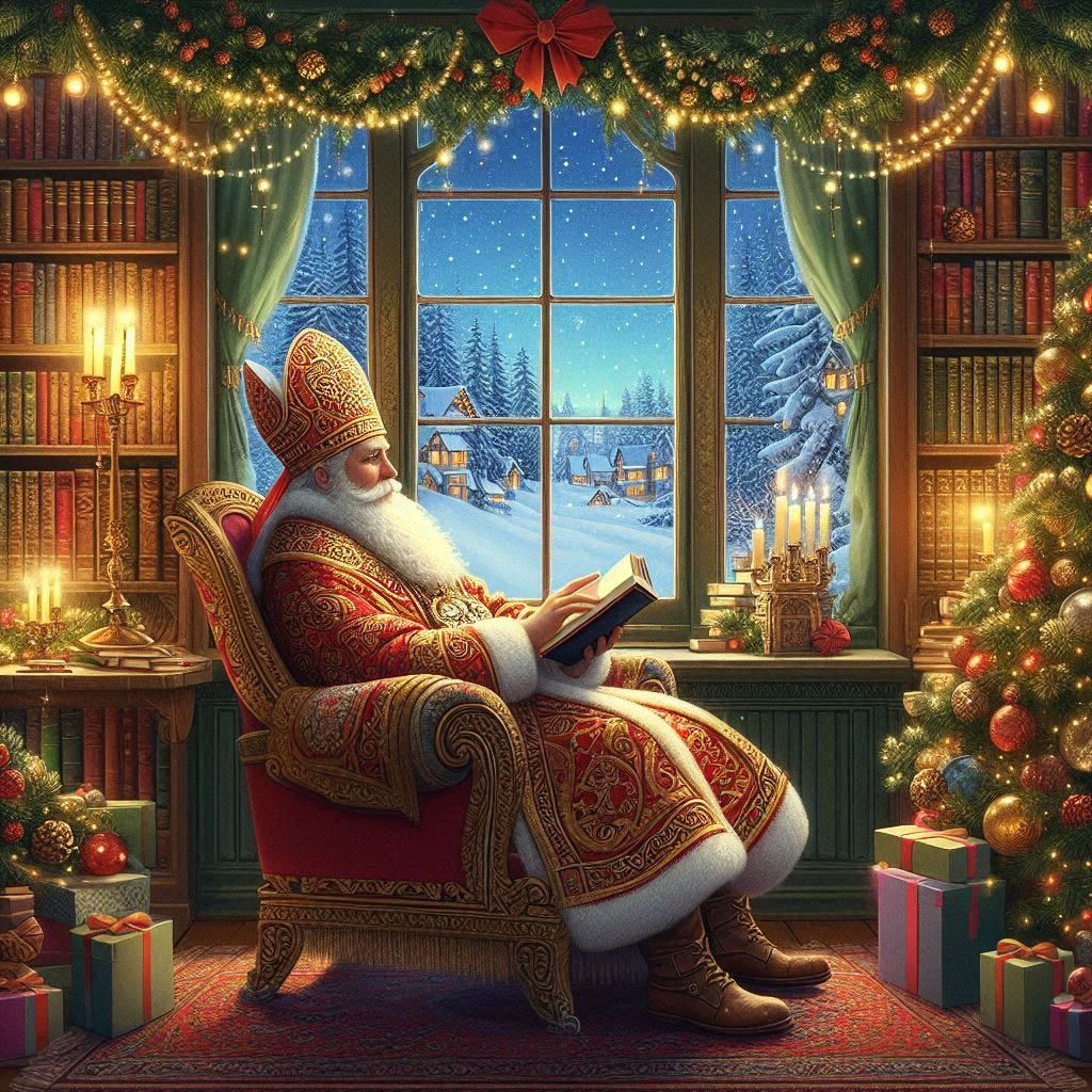 Saint Nicholas in his festive, holiday garb as an Orthodox Bishop, sitting in a comfy chair reading a book in his Christmas decorated library surrounded by stacks of books, a wintery scene visible in the window in the background, drawn in an Art Deco style.